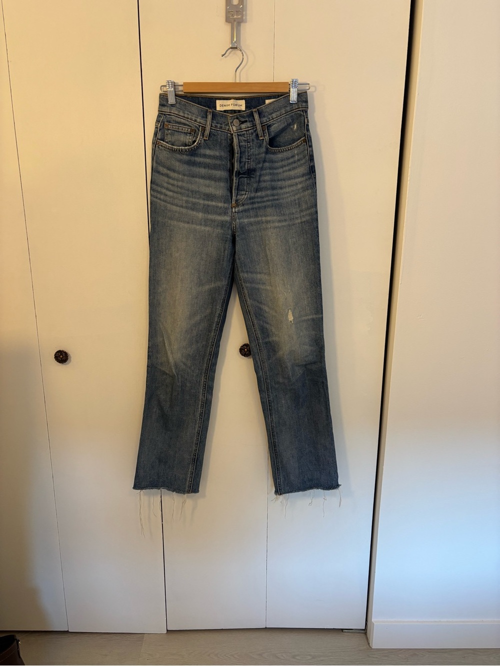 Denim Forum Distressed Mid-Blue Straight-Leg Jeans